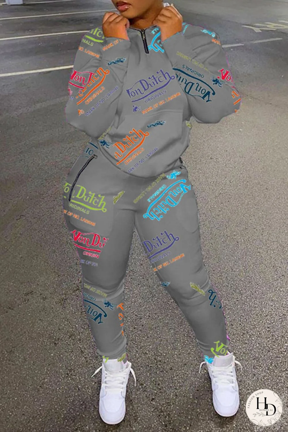 Grey Casual Print Patchwork Zipper Collar Long Sleeve Two Pieces