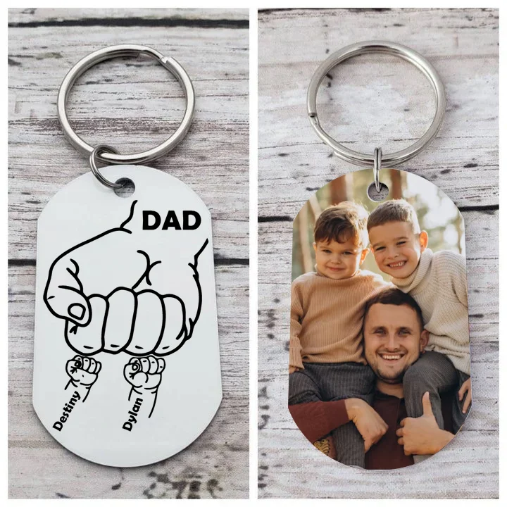 Dad Fist Bump Personalized Photo Keychain Engrave 2 Names Father's Day Gifts