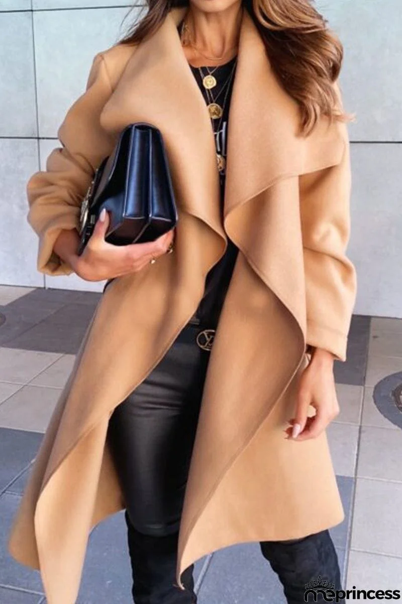 British Style Elegant Solid Bandage Turndown Collar Outerwear