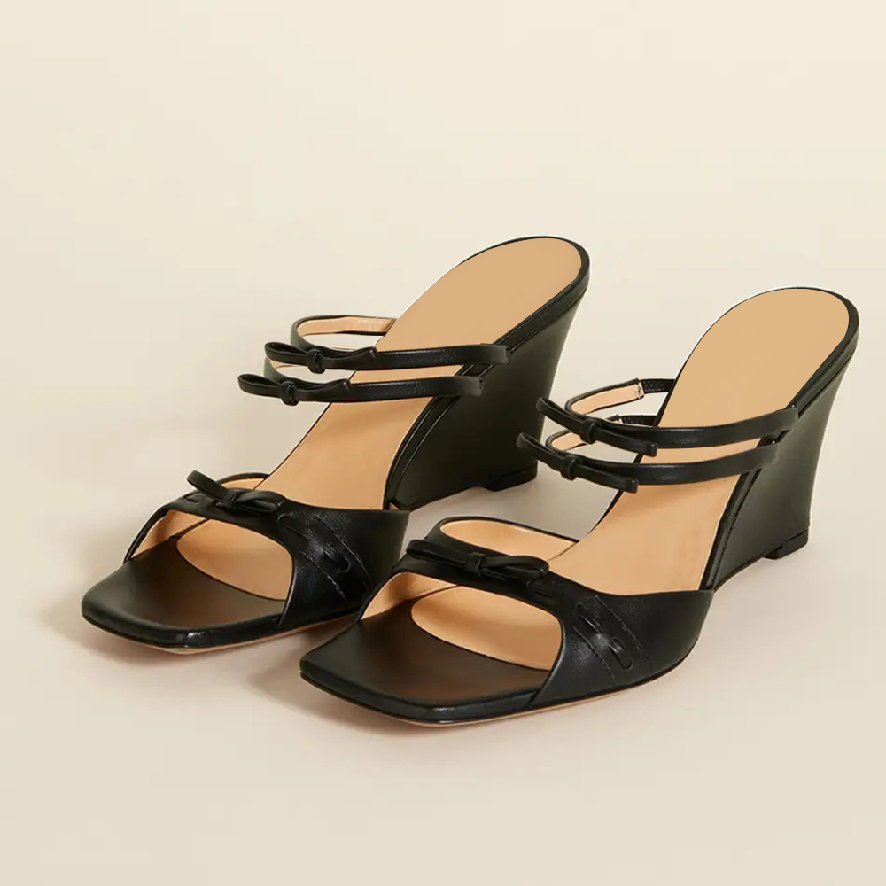 Black Square Toe 3'' Wedge Heel Strappy Mules with Bow Nicepairs