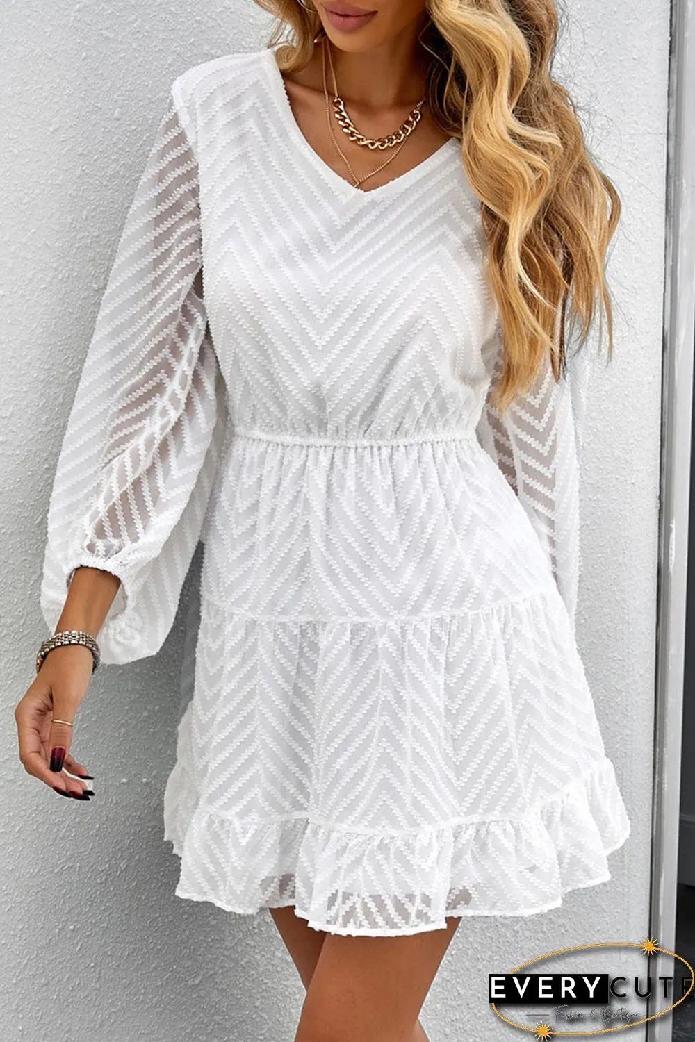 White Waved Stripes Textured Balloon Sleeve Tiered Dress