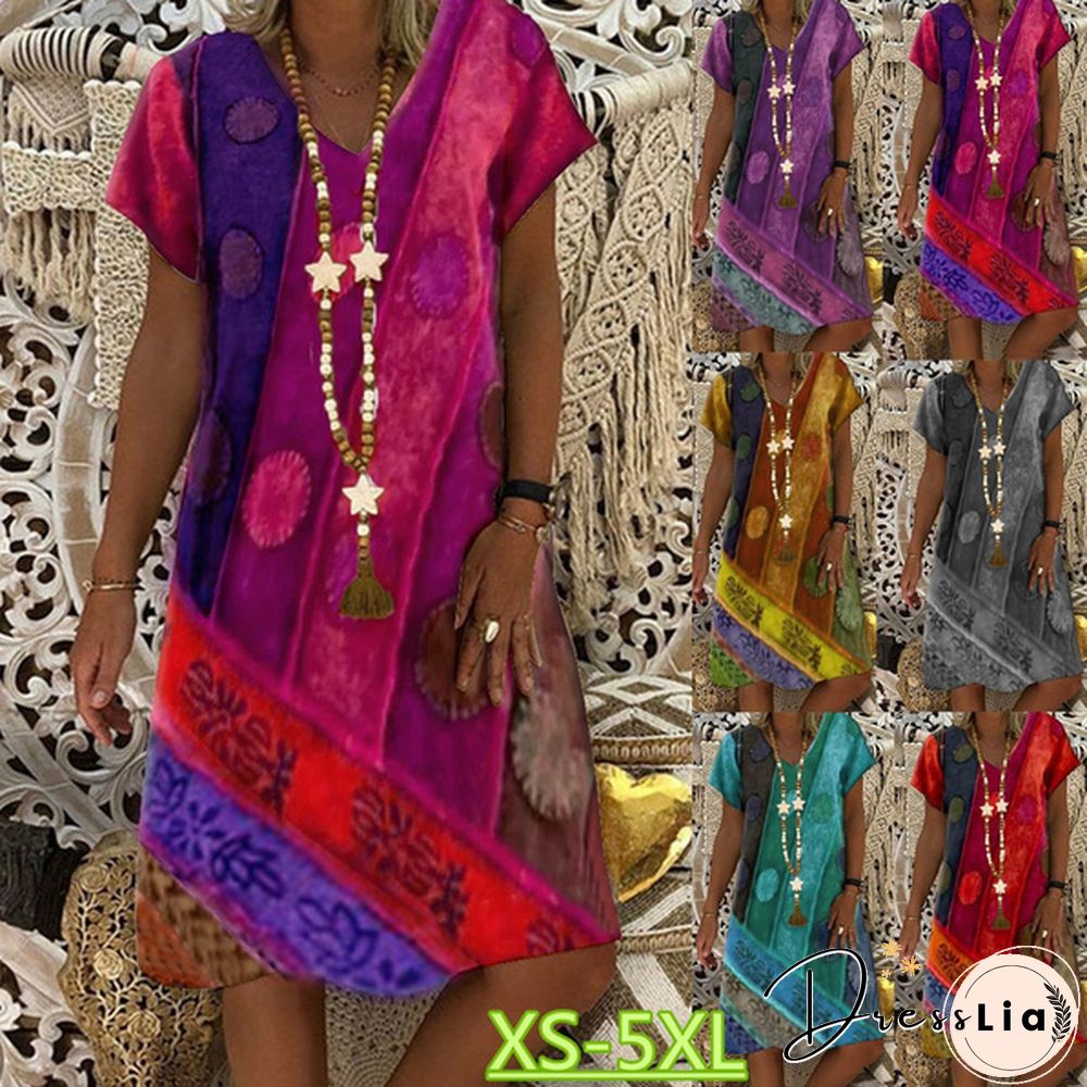 Summer New Fashion Women's Vintage Printed Casual Loose Short Sleeve Dress Soft And Thin Plus Size V-Neck Dress For Summer Xs-5Xl