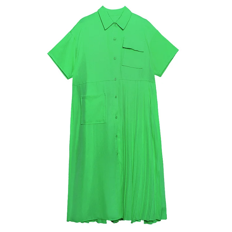 Loose Solid Color Short-Sleeve Pleated Midi Dress