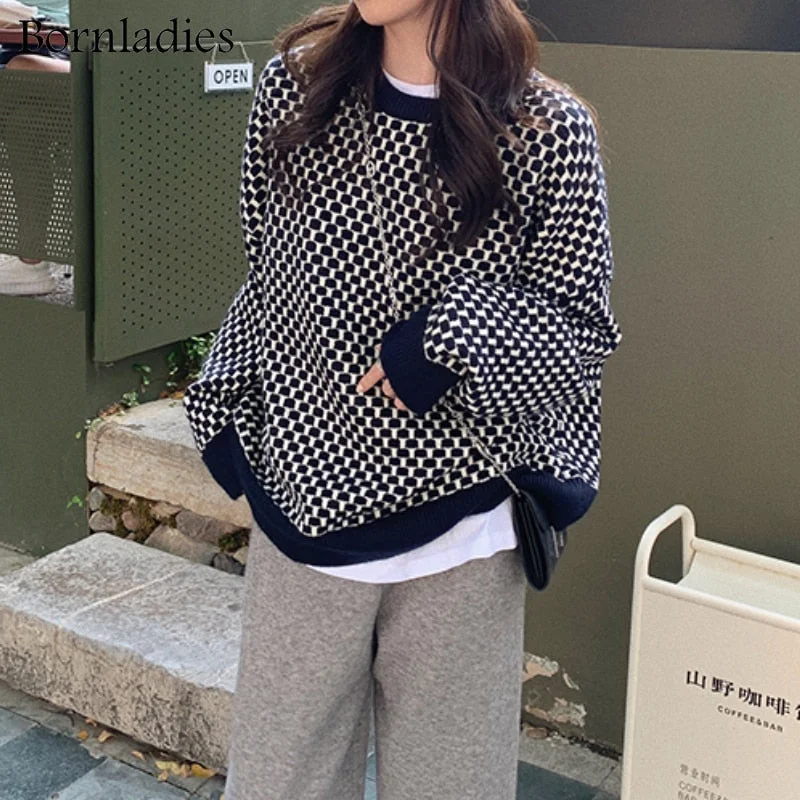 Bornladies 2021 Autumn Winter Korean Style O-Neck Womens Knitted Sweaters Winter Clothes for Women Warm Plaid Pullovers