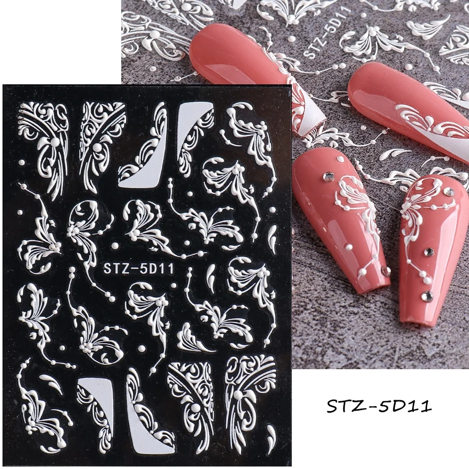 Churchf Nail Stickers Flowers Geometric Lines Decor Acrylic Embossed Sliders Gold Frame Nail Decals Cherry Blossom Manicure GLJI-5D05-Nail Inspo