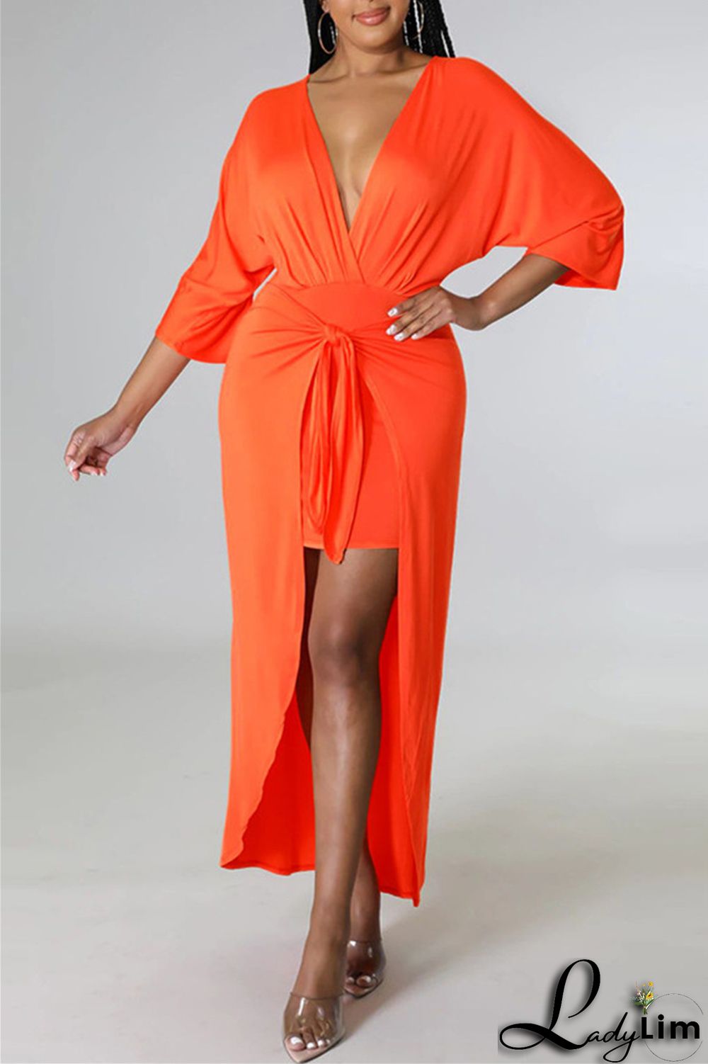 Burgundy Fashion Casual Solid Patchwork V Neck Irregular Dress