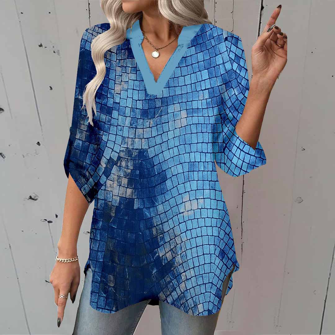 Women Textured, Blue DZGA0489 3/4 Sleeve V-neck Printed Graphic Button Tops
