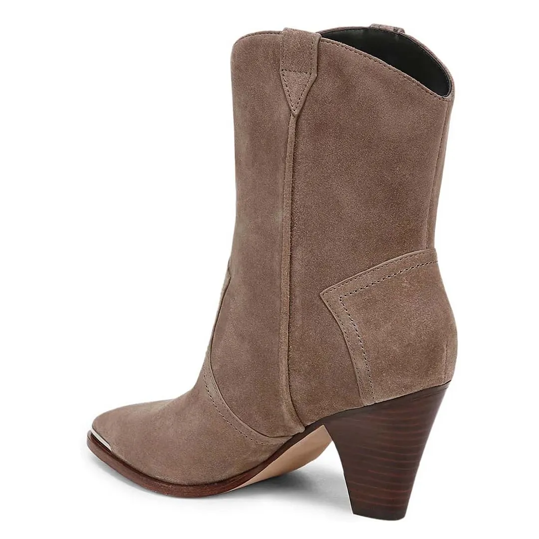 Taupe Vegan Suede Pointed Toe Cone Heel Simple Booties for Women