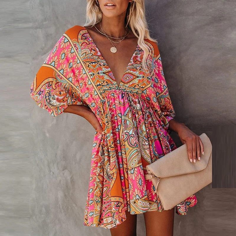 Bohemian Women Sexy Backless Mini Printing Dress Spring Casual V Neck Holiday Outdoor Dress Femme Flare Sleeve Slim Fit Dress