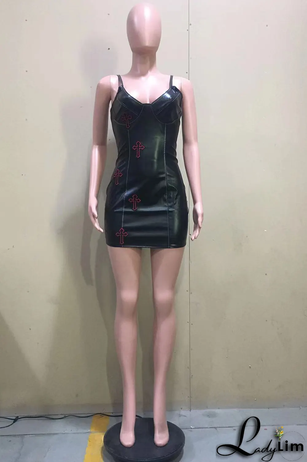 Black Sexy Character Patchwork Spaghetti Strap Pencil Skirt Dresses