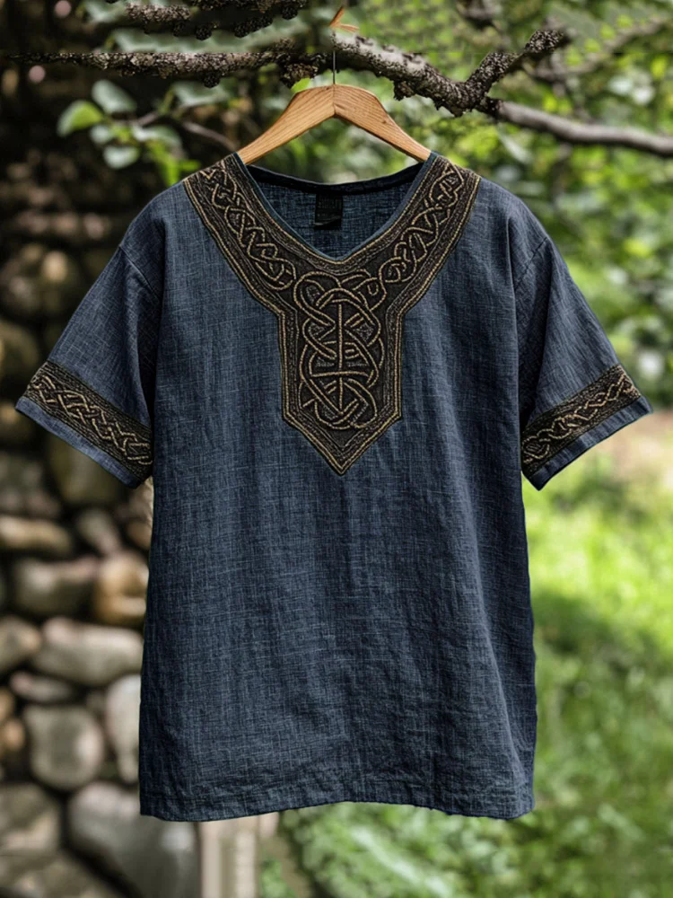 Men's Viking Celtic Knot Art Linen V-neck T Shirt