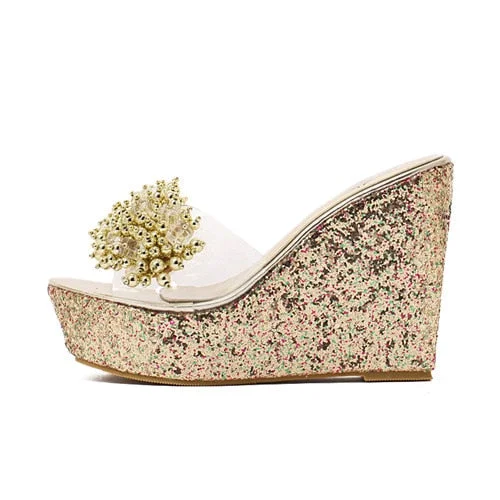 Gdgydh Rhinestone Wedges Sandals Women 2021 New Summer Sexy Trifle Slides Casual Beading Open Toe Female Sandals Platform Shoes