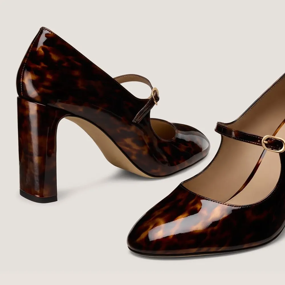 Brown Tortoise Patent Leather Round Toe Block Heel Mary Jane Pumps