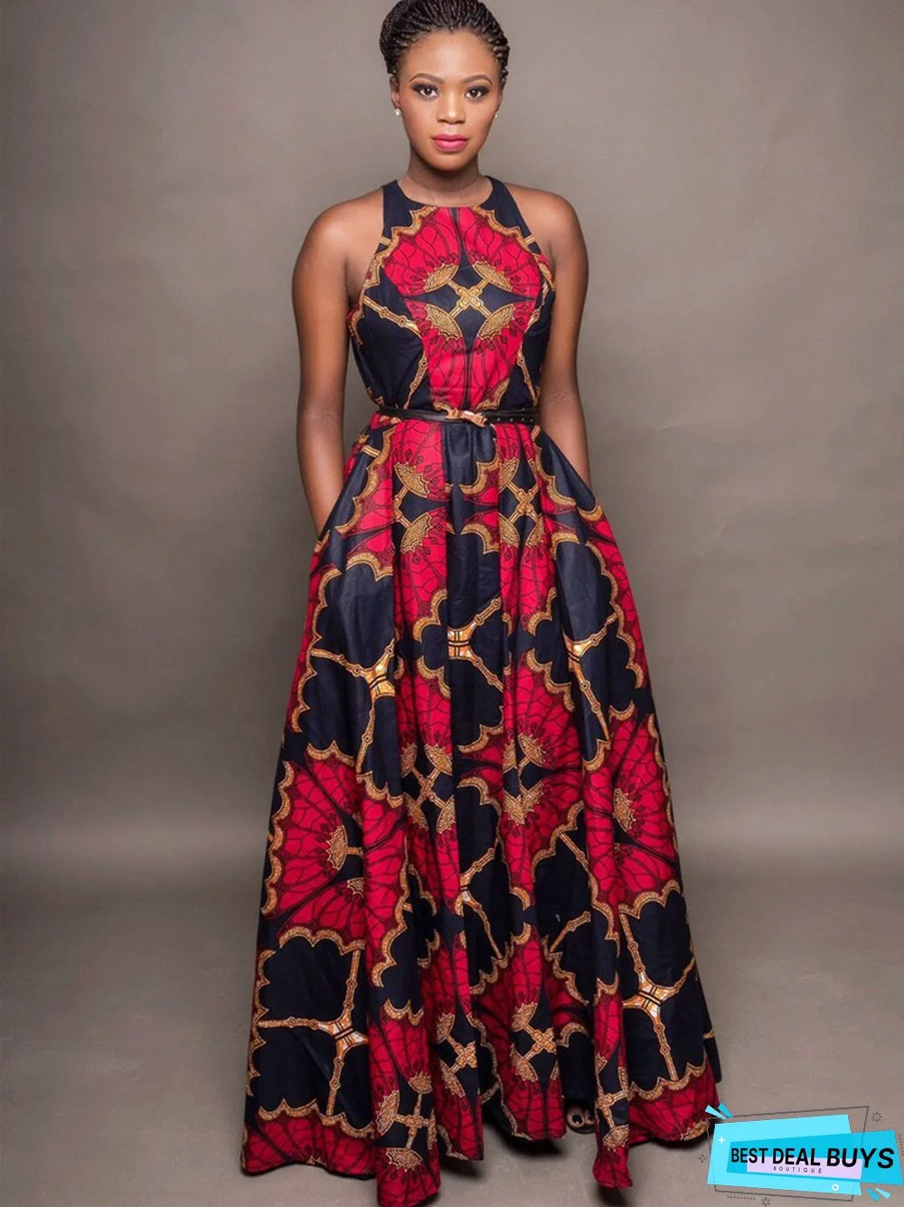 Printed Round Neck Sleeveless Large Hem Long Dress