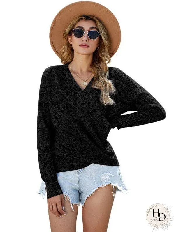 V-Neck Ladies' Sweater With Cross Detail In Solid Colors And Sexy Long Sleeves