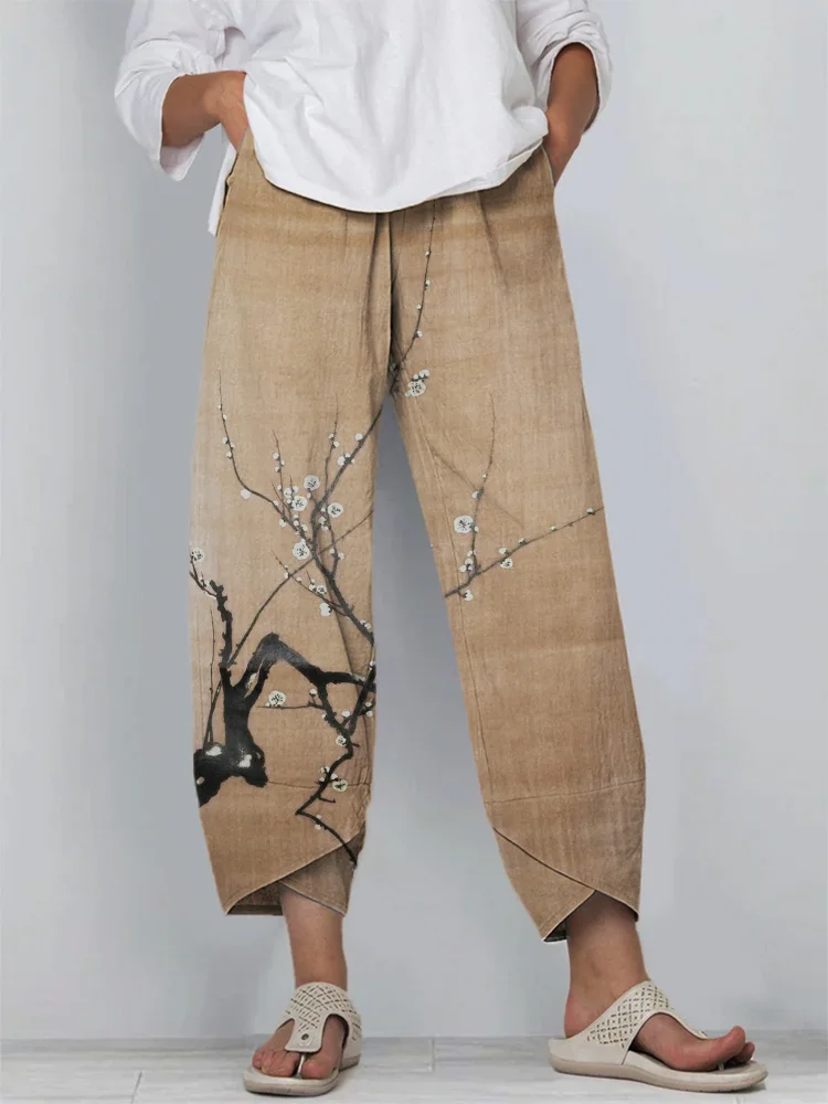 Simple Plum Blossom Japanese Art Linen Blend Cropped Pants