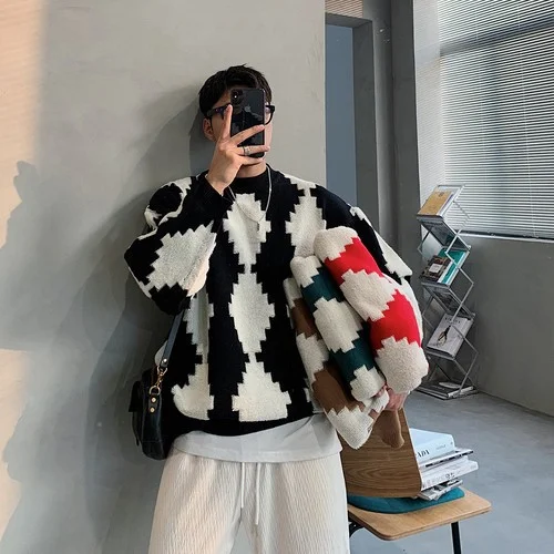 Traceeye Autumn Winter New Thickened Warm Knitted Sweaters Men's Rhombus Contrast Plaid O-neck Long-sleeved Loose Casual Couple Pullovers