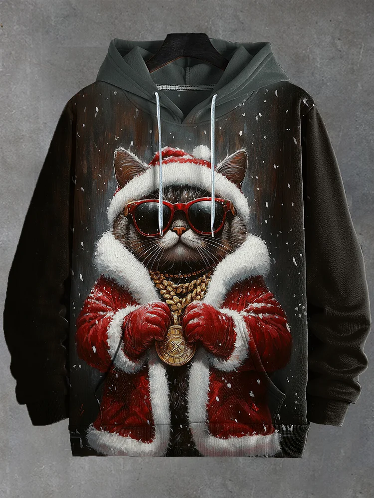 Men's Snowing Christmas Cat With Medal Print Hooded Sweatshirt