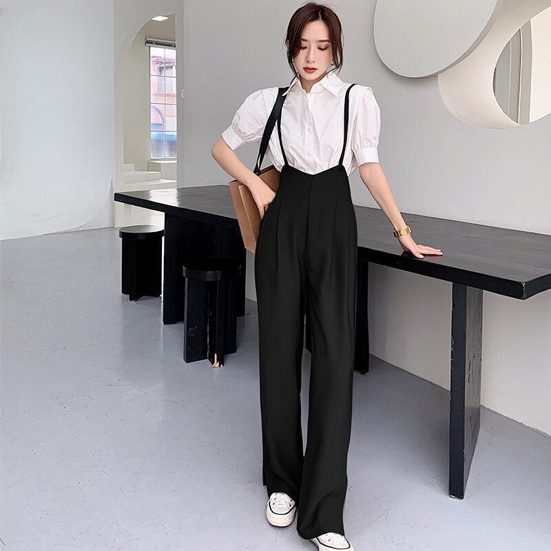QOERLIN Split Wide Leg Overalls Women High Waist Casual Brown Jumpsuit Drape Pant Spaghetti Strap Long Trouser Rompers Suits
