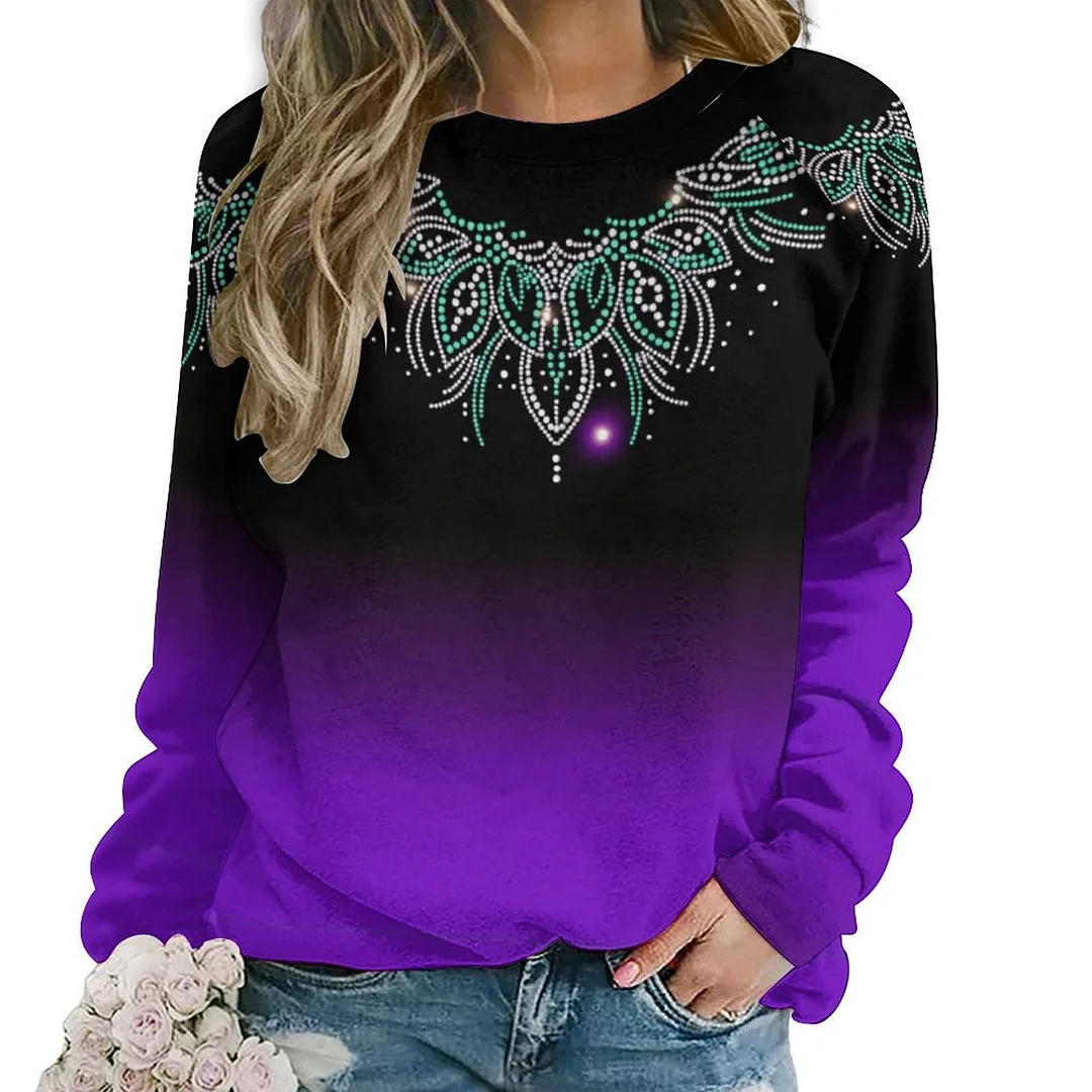 Printed Long Sleeve Casual Sweatshirt for  Women and Men Unisex Pattern Floral, Purple, Black