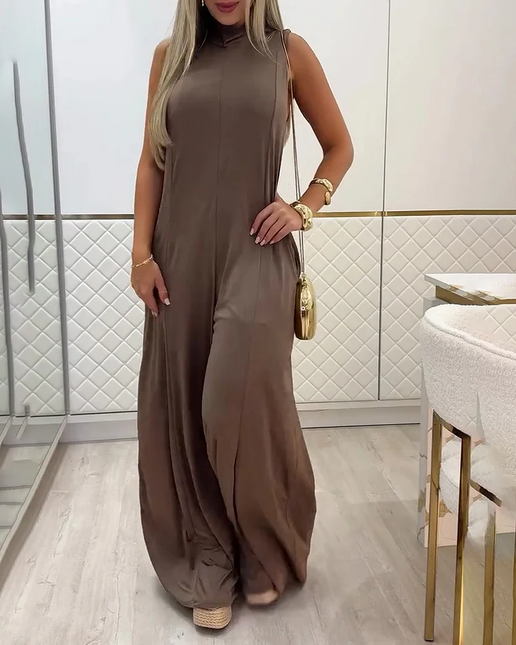 Women's solid color backless halter neck lace-up jumpsuit
