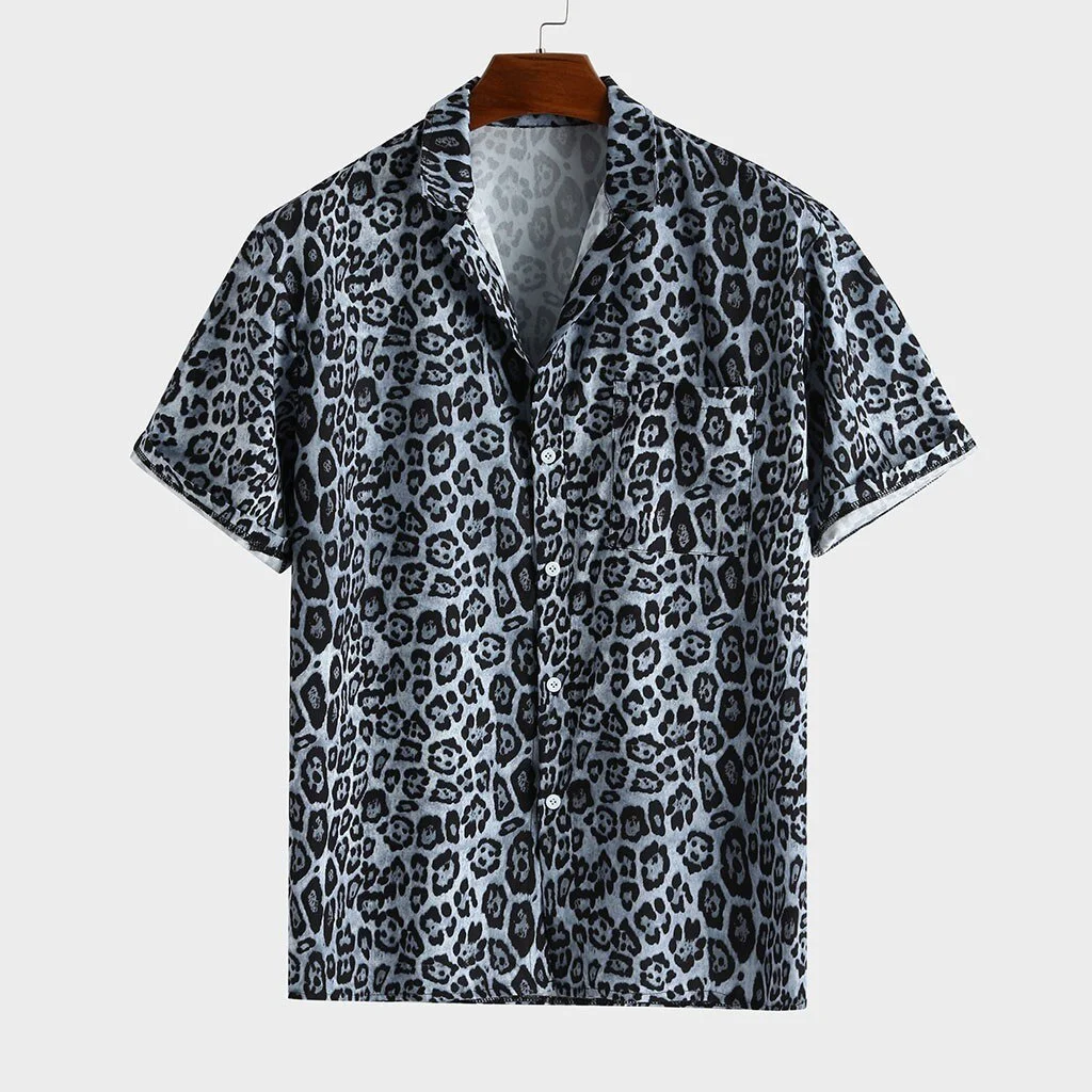 Summer Mens Shirt Top Casual Short Sleeve Hawaiian Shirts Turn Down Collar Leopard Print Shirt Men Dress Male Clothing Tops