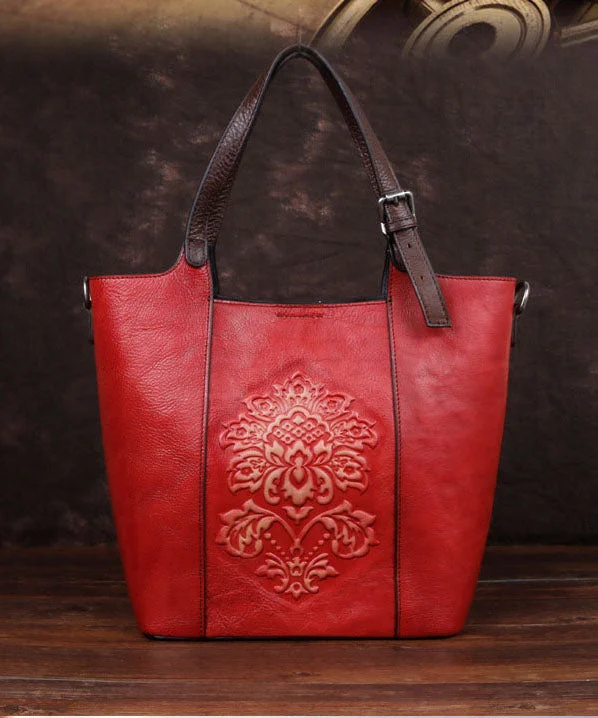 Modern Red Rubbing embossing Paitings Calf Leather Tote Handbag