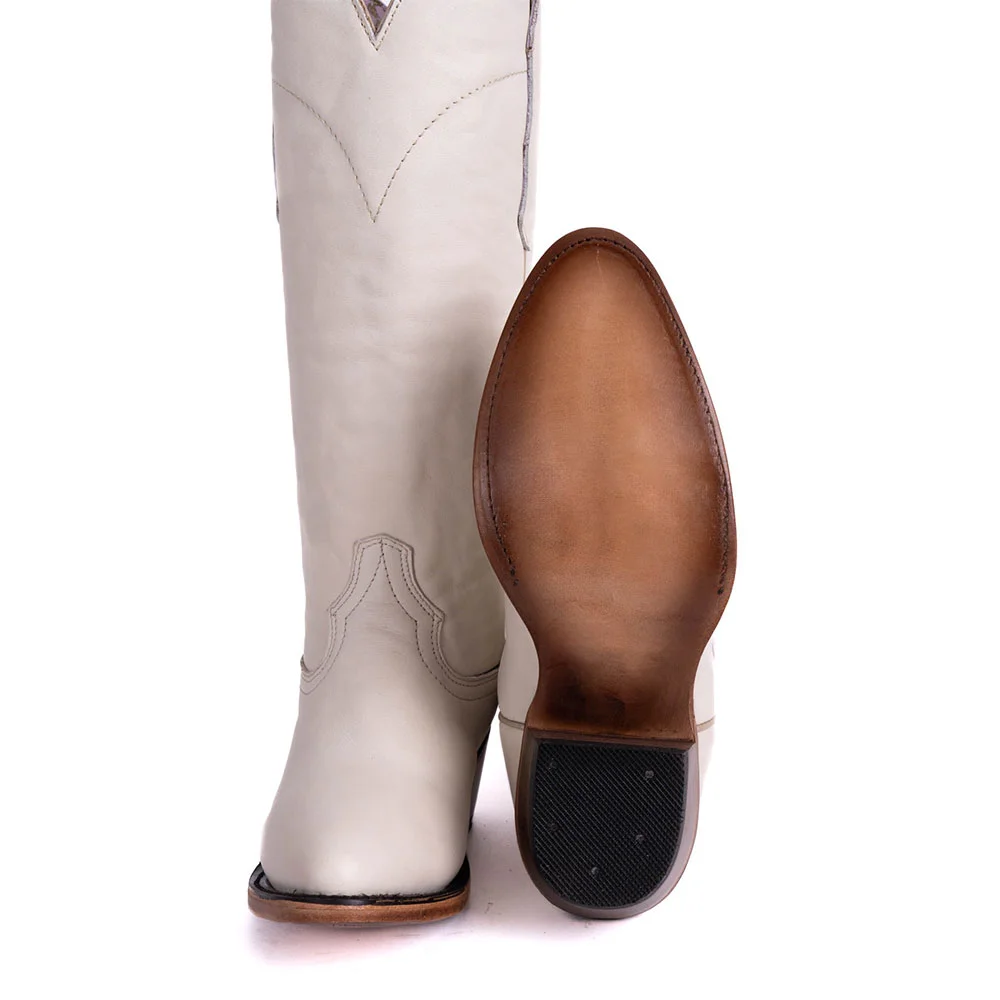 YDN Women's White Classic Round Toe Chunky Heel Cowgirl Boots