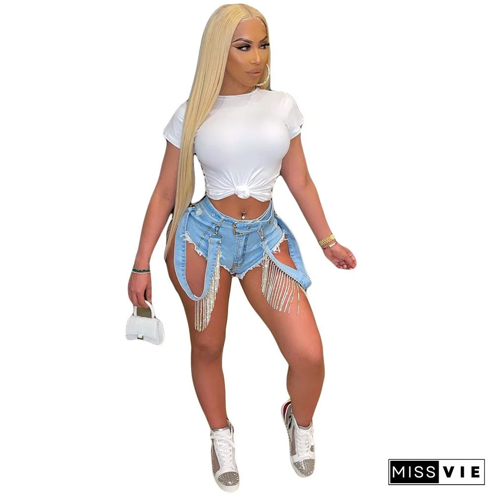 Low Waist Ripped Holes Tassel Hot Drill Denim Shorts