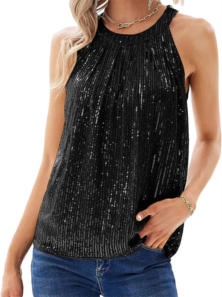 Nncharge Glitter Blouse Women Summer Halter Sleeveless Loose Vest Shirts Casual Elegant Tops and Blouses Female