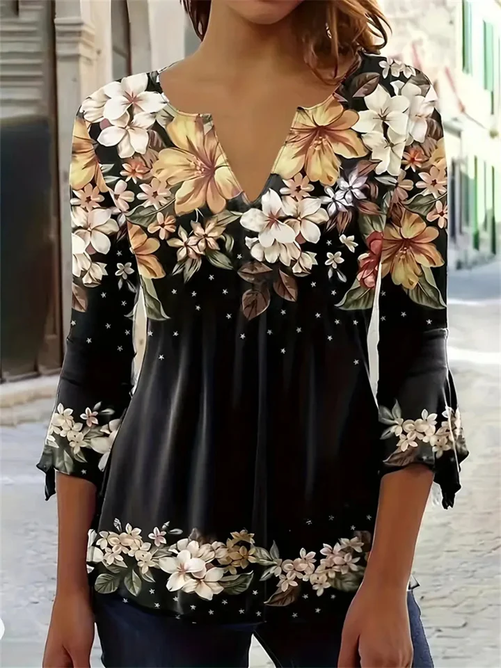 Women's Plus Size Curve Tops Blouse Shirt Floral Print 3/4 Length Sleeve Crewneck Streetwear Daily Holiday Cotton Spandex Jersey Spring Summer Black