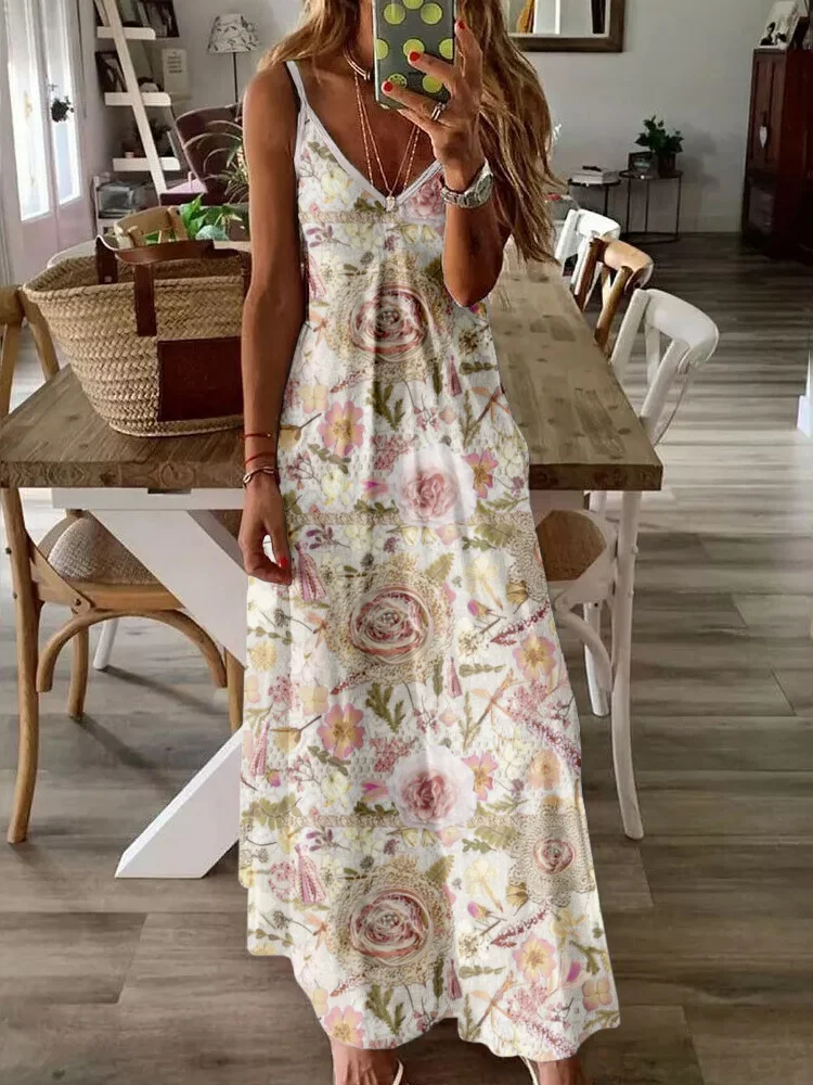 Romantic Roses Art V Neck Cami Maxi Dress