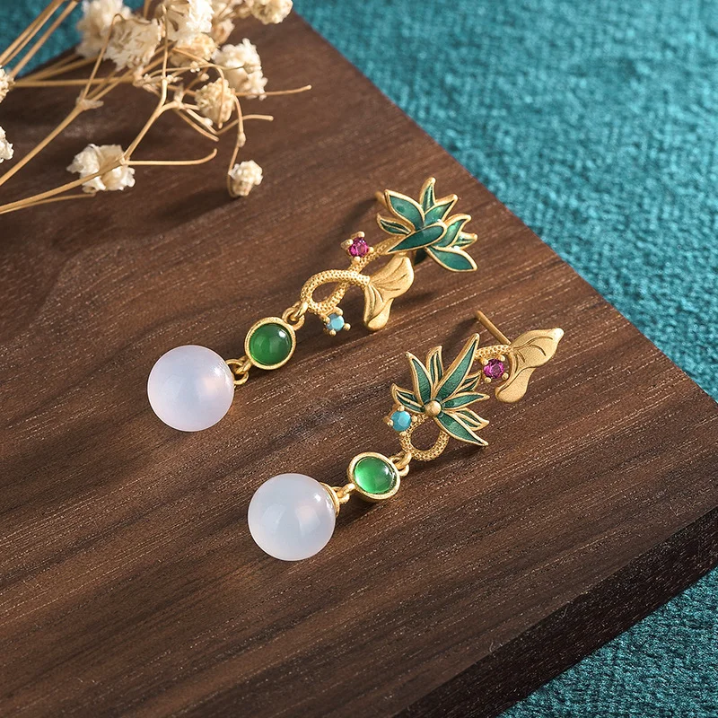 2022 Chinese Style New Jade Earrings Ancient Gold-Plated Enamel Color Inlaid Natural Jade Beads Asymmetric Earrings Perfect Gift For Her