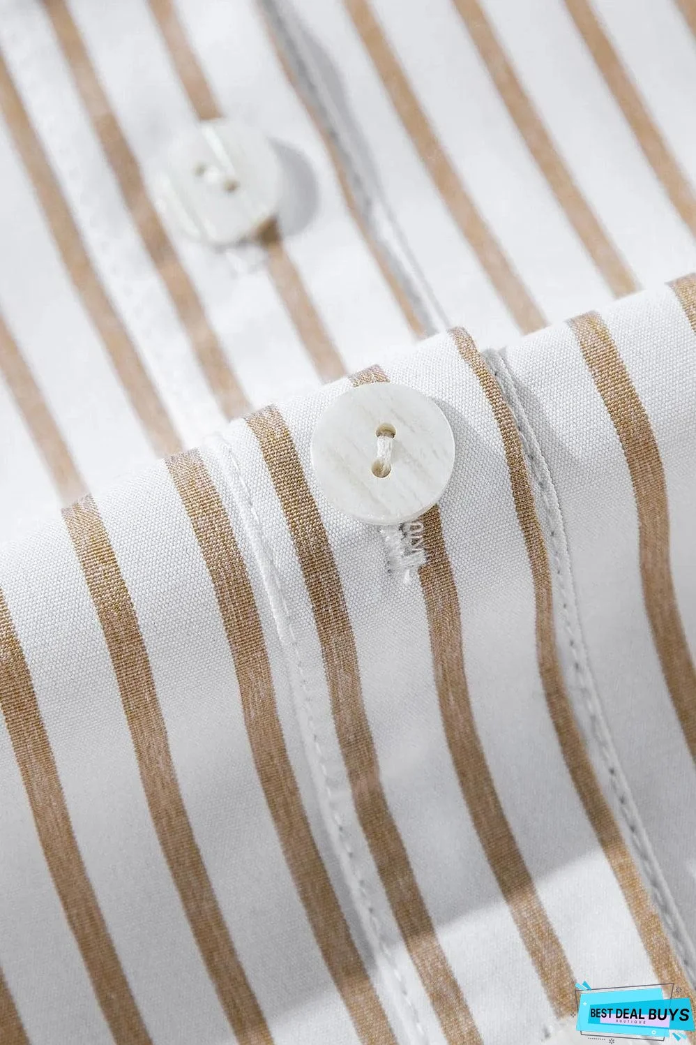 Khaki Stripe Long Sleeve Button Up Mini Shirt Dress