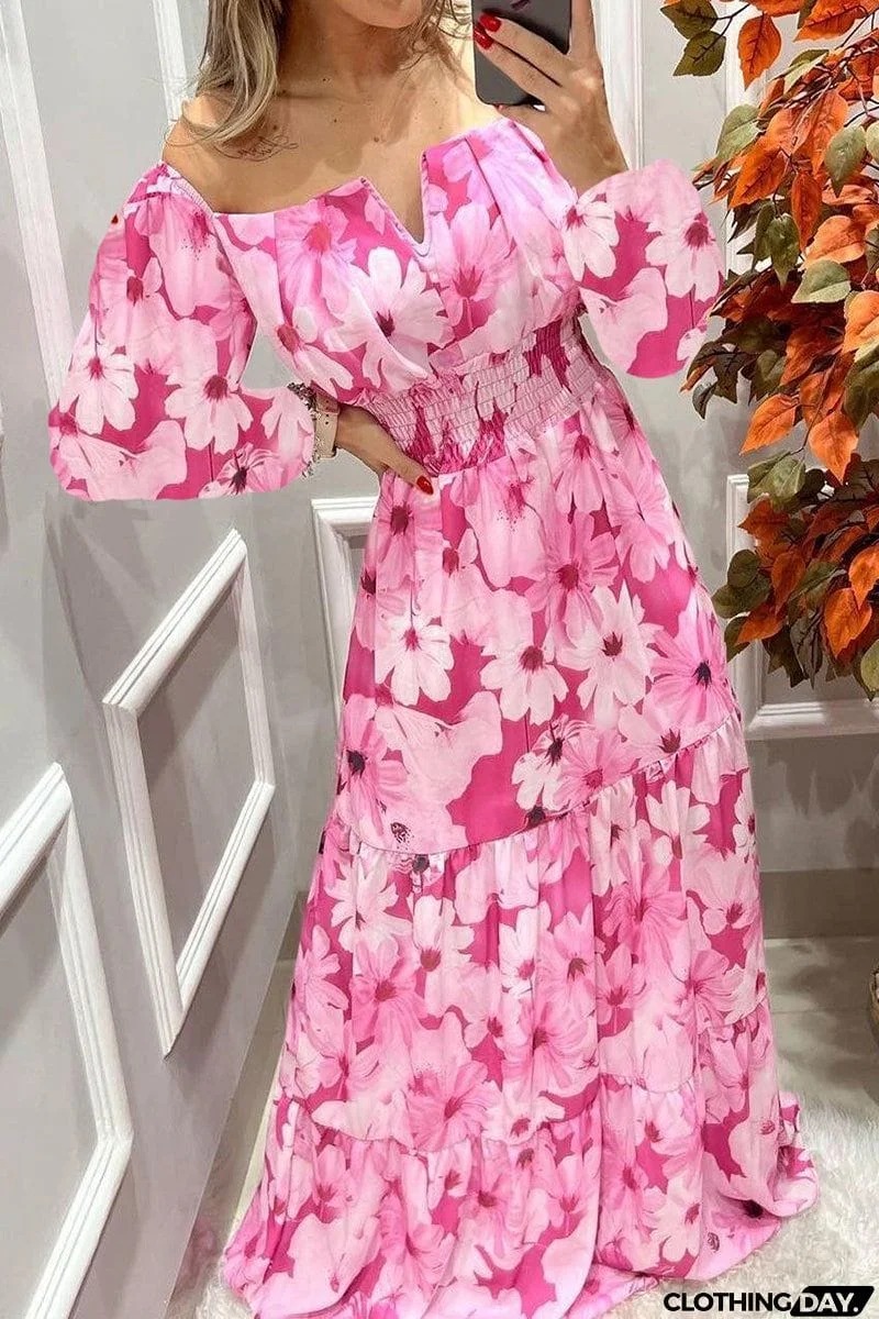 Floral Off Shoulder V Neck Maxi Dress