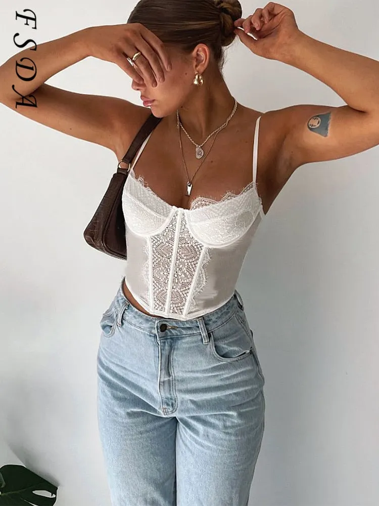 FSDA Sexy Black Lace Corset Top Crop Backless 2021 Summer Y2K Tank Top Women Tube Sleeveless Cami Off Shoulder Brown