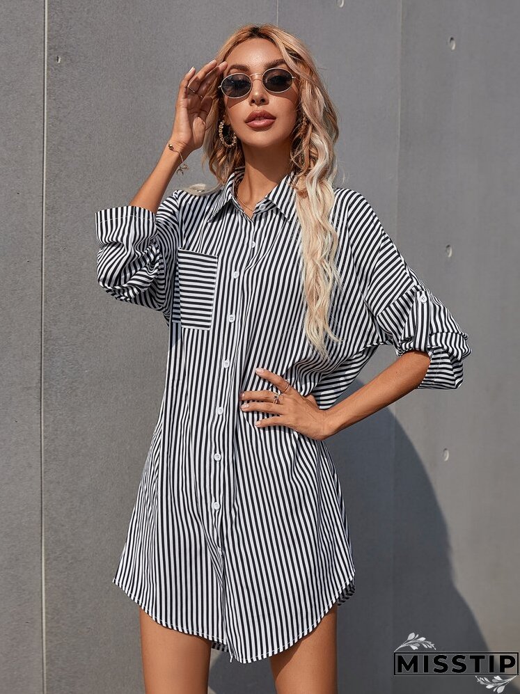Striped Roll Up Sleeve Shirt Dress