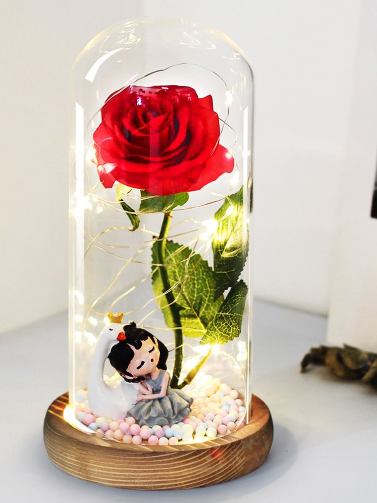 Beatea Little Gril with Enchanted Rose Flower LED Light in Glass Dome 