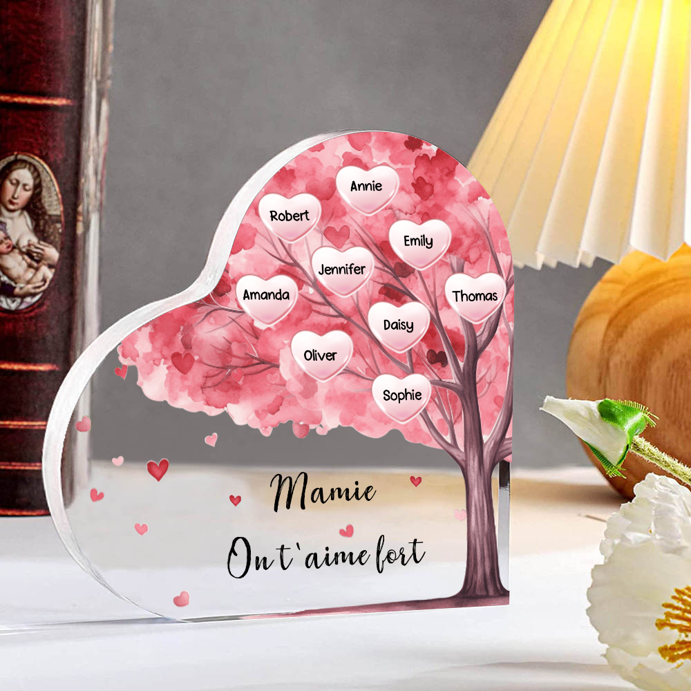 À ma Maman/Mamie - Plaque Acrylique Arbre en Forme de Cœur 9 Prénoms Personnalisés avec 1 Texte