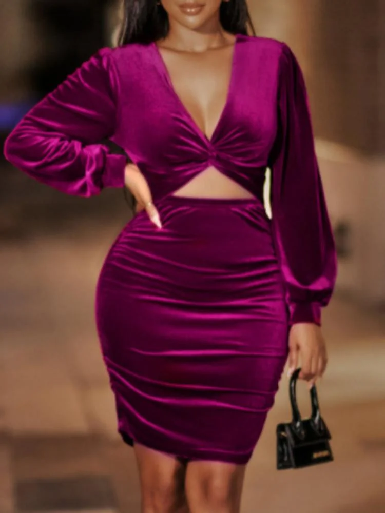 Neosepa-Sweet Deep V Neck Plain Hue Long Sleeve Velvet Bodycon Dress