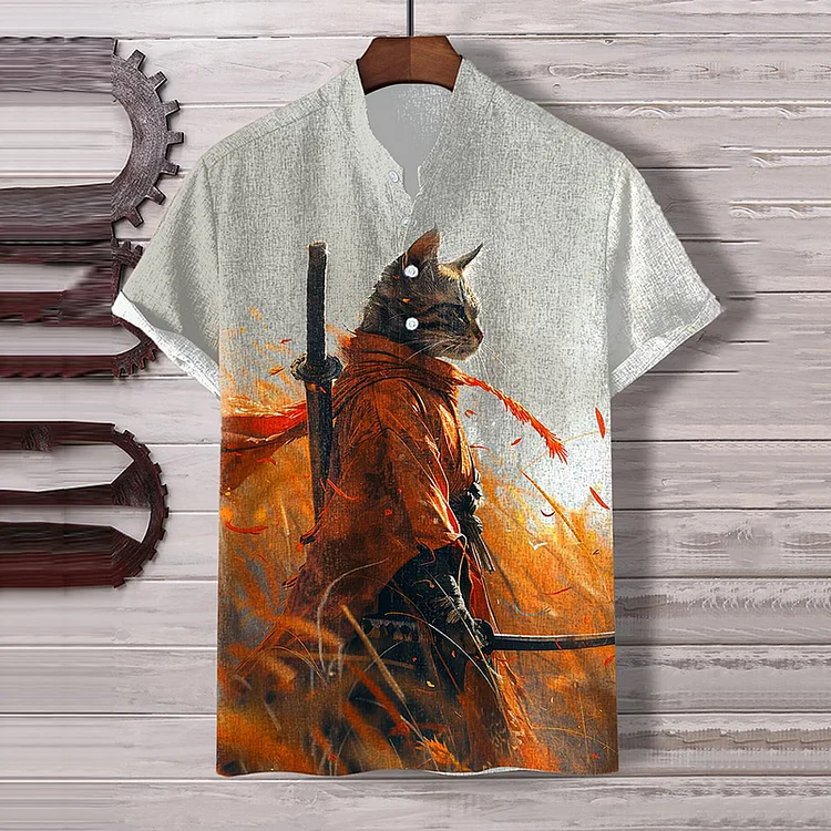 Kimono Fall Japanese Cat Samurai Oil Painting Art Linen Blend Cozy Shirt