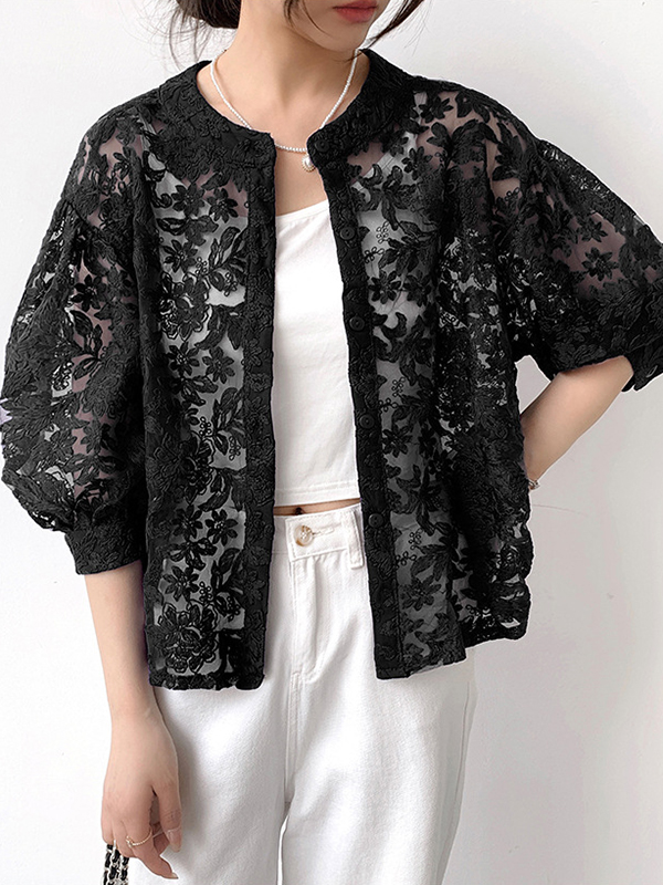 Short Sleeve Flower Lace Embroidery Outwear