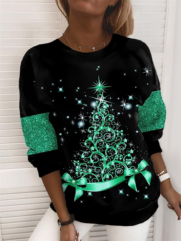 Women‘s Plus Size Christmas Tops Pullover Sweatshirt Polka Dot Tree Print Long Sleeve Crew Neck Casual Holiday Festival Daily Polyester Winter Fall Green Black / Vacation / Weekend