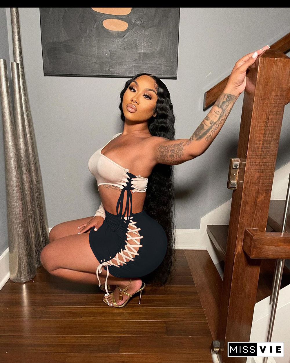 Summer Outfit Fashion Patchwork One Shoulder Long Sleeve Hollow Out Bandage Bodycon Mini Dresses