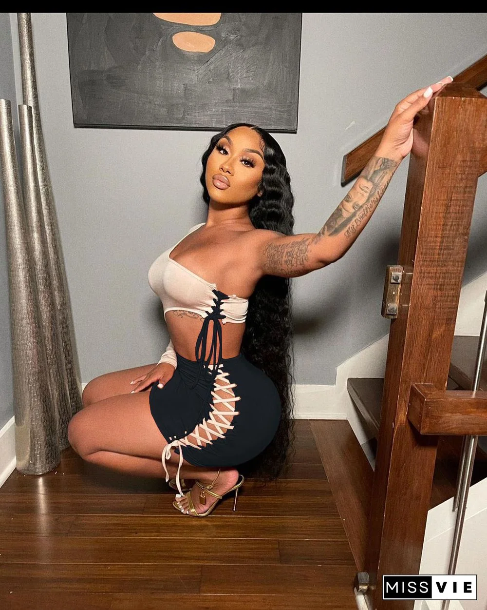 Summer Outfit Fashion Patchwork One Shoulder Long Sleeve Hollow Out Bandage Bodycon Mini Dresses