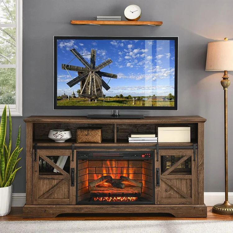 Fireplace TV Stand for TVs up to 65in, Farmhouse Electric TV Stand with Electric Fireplace, 1500W Fireplace Entertainment Center with 2 Doors and Adjustable Shelf, Brown