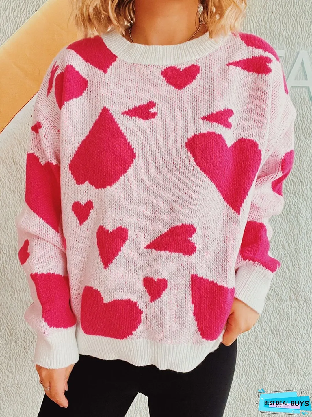 Heart Round Neck Long Sleeve Sweater
