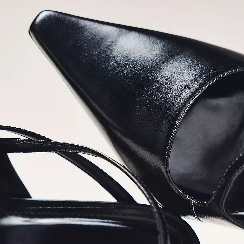 Pointed Toe Slingback Cross-Strap Kitten Heel Black Pumps for Women