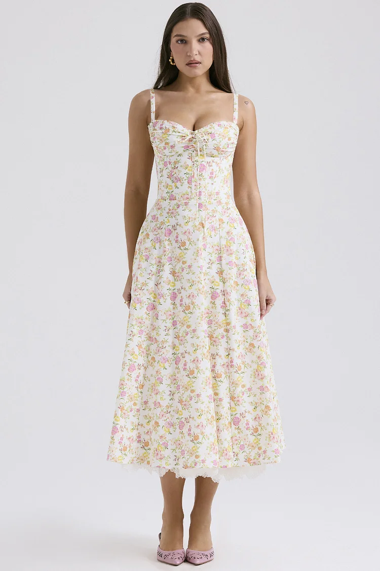 Semi Formal Pink Floral Print Ruched Lace Hem Midi Dress