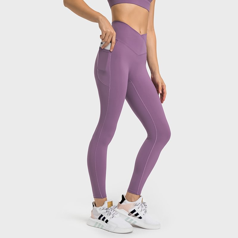 Buy no front seam high waist criss cross capri leggings with side pockets of high quality on Hergymclothing Saffron Purple
